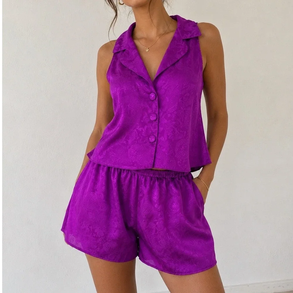 Vintage Victorias Secret Gold Label Satin Pajama Set Purple Floral Jacquard S gf